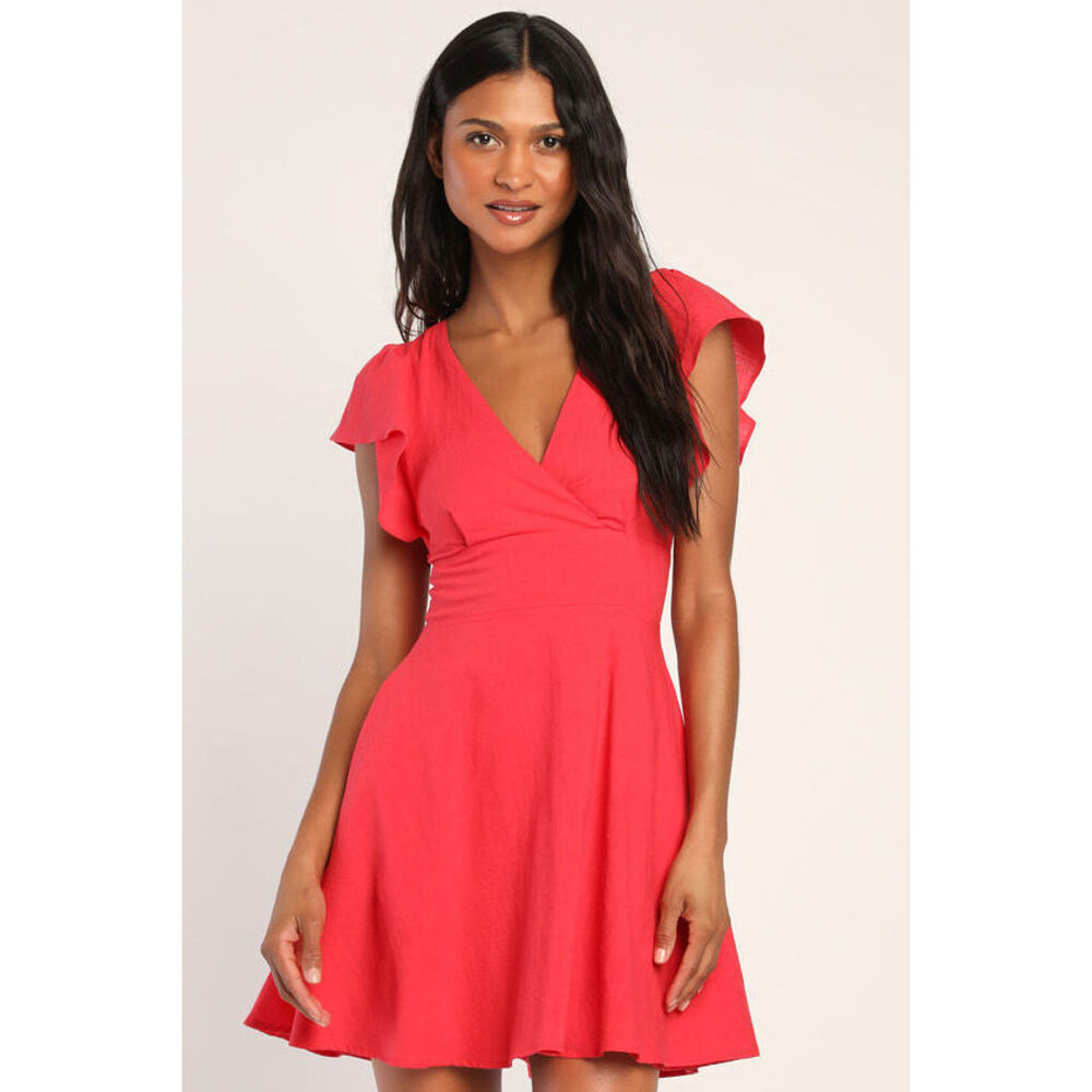 Lulus Sweeten Me Up Red Flutter Sleeve Mini Dress With Pockets - Size M
